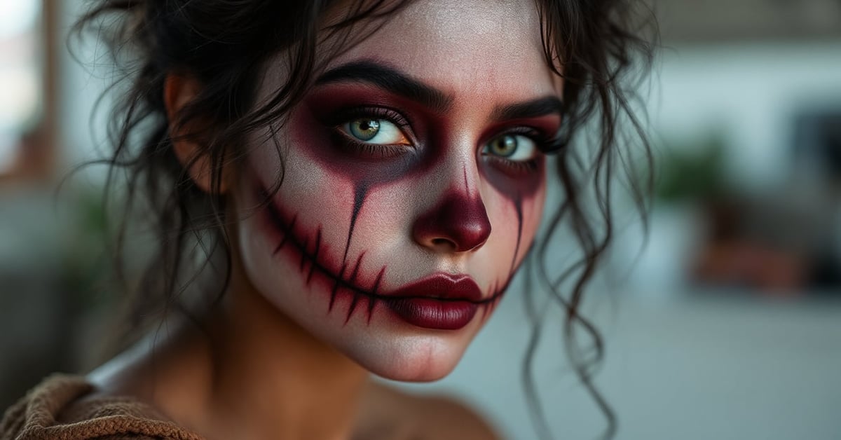 Maquillage pour Halloween artistique et détaillé sur un visage, ambiance sombre et créative