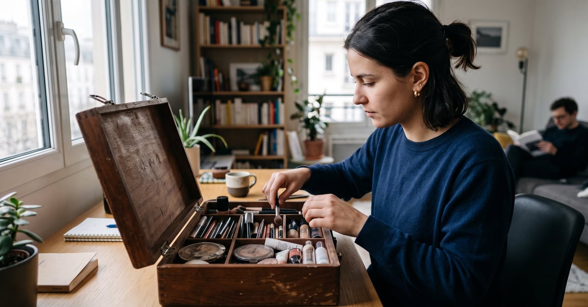Coffret pour maquillage élégant avec produits de beauté soigneusement disposés