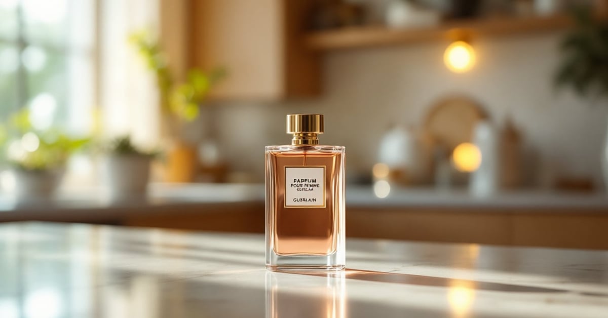 Flacon de parfum pour femme Guerlain posé élégamment sur fond épuré en lumière naturelle