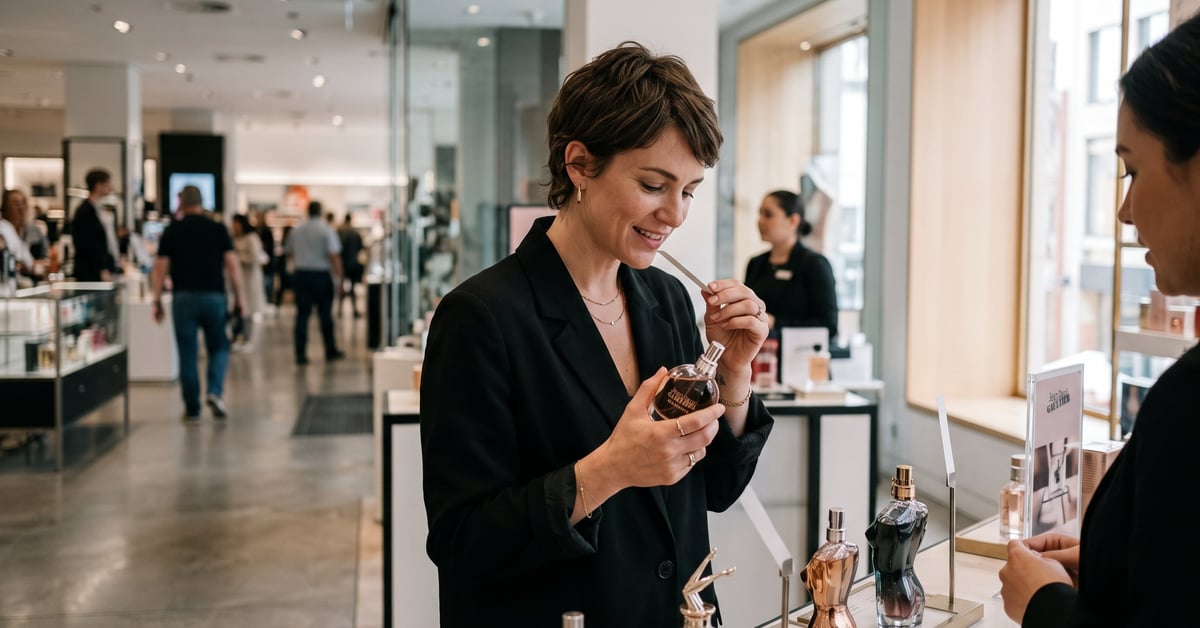Parfum Jean Paul Gaultier femme posé élégamment sur fond épuré dans un cadre moderne
