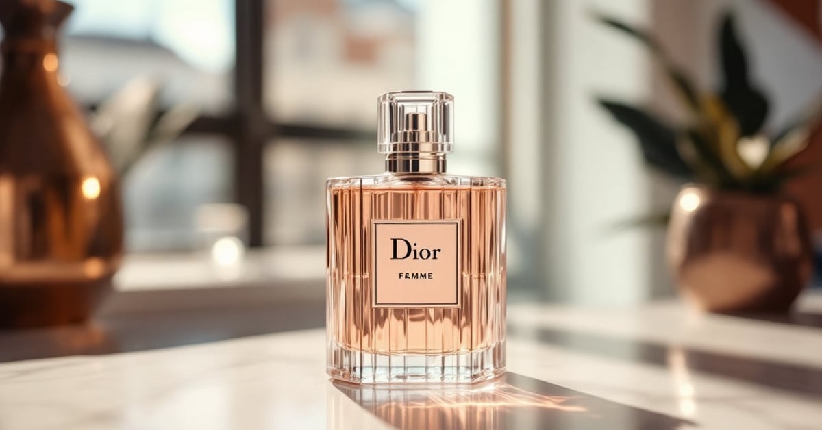Flacon de parfum Dior femme posé élégamment dans un cadre moderne et lumineux