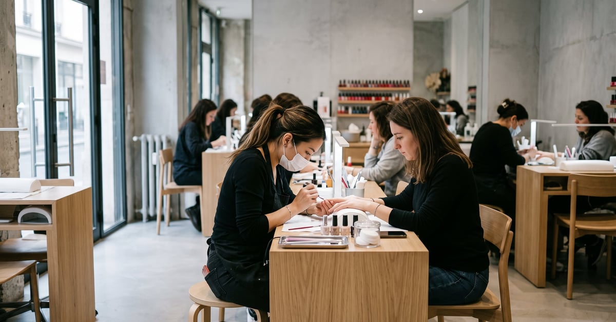 Salon de manucure moderne avec table de soins et accessoires professionnels pour les ongles