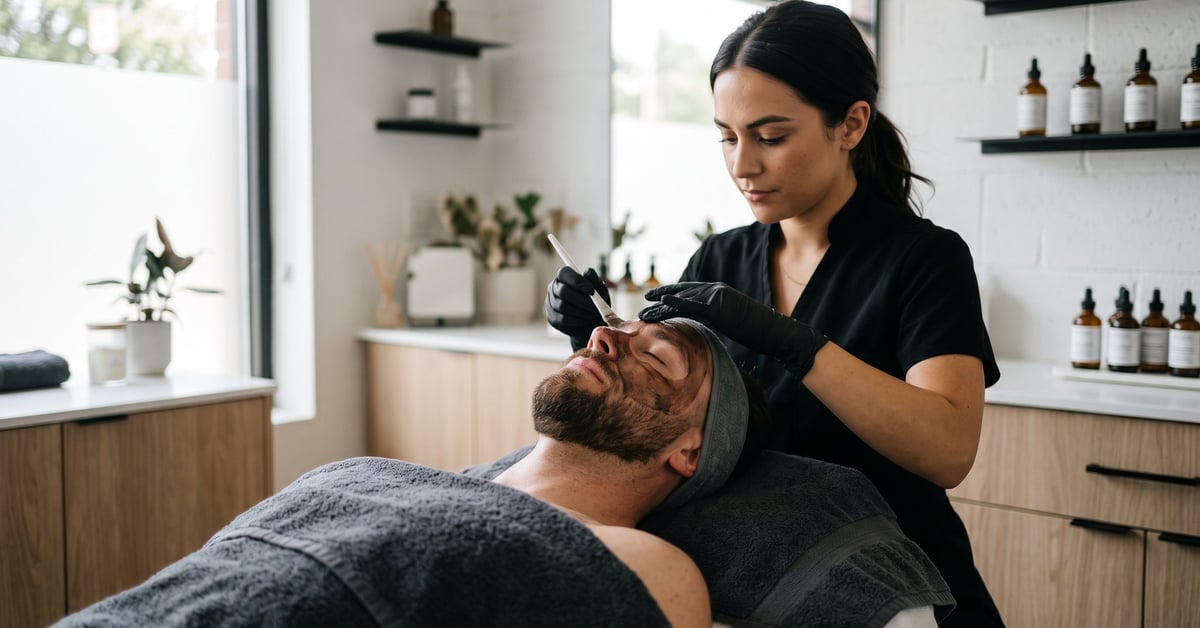 Soin du visage pour homme avec produits de beauté masculine posés sur une surface moderne