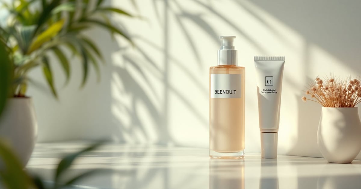 Produit cosmétique définition : flacon de soin et ingrédients naturels sur surface épurée