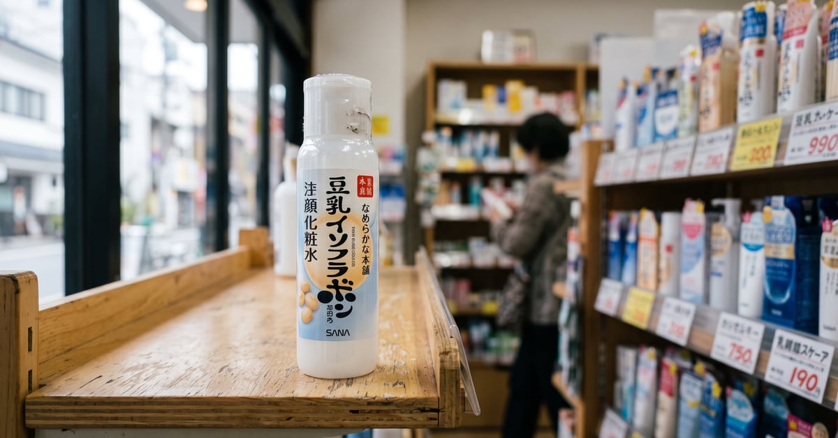Produit cosmétique japonais posé dans un cadre épuré et moderne, lumière naturelle douce