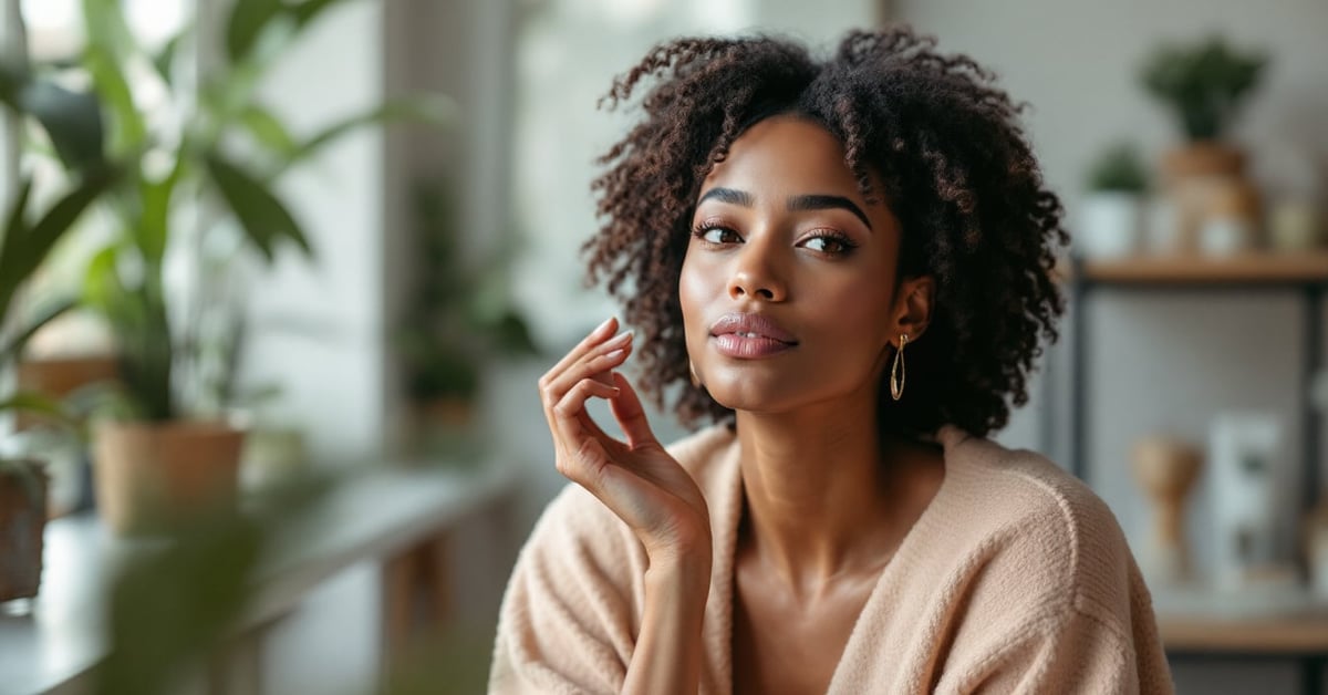 Testeuse de produit cosmétique évaluant une crème de soin dans un cadre moderne et épuré